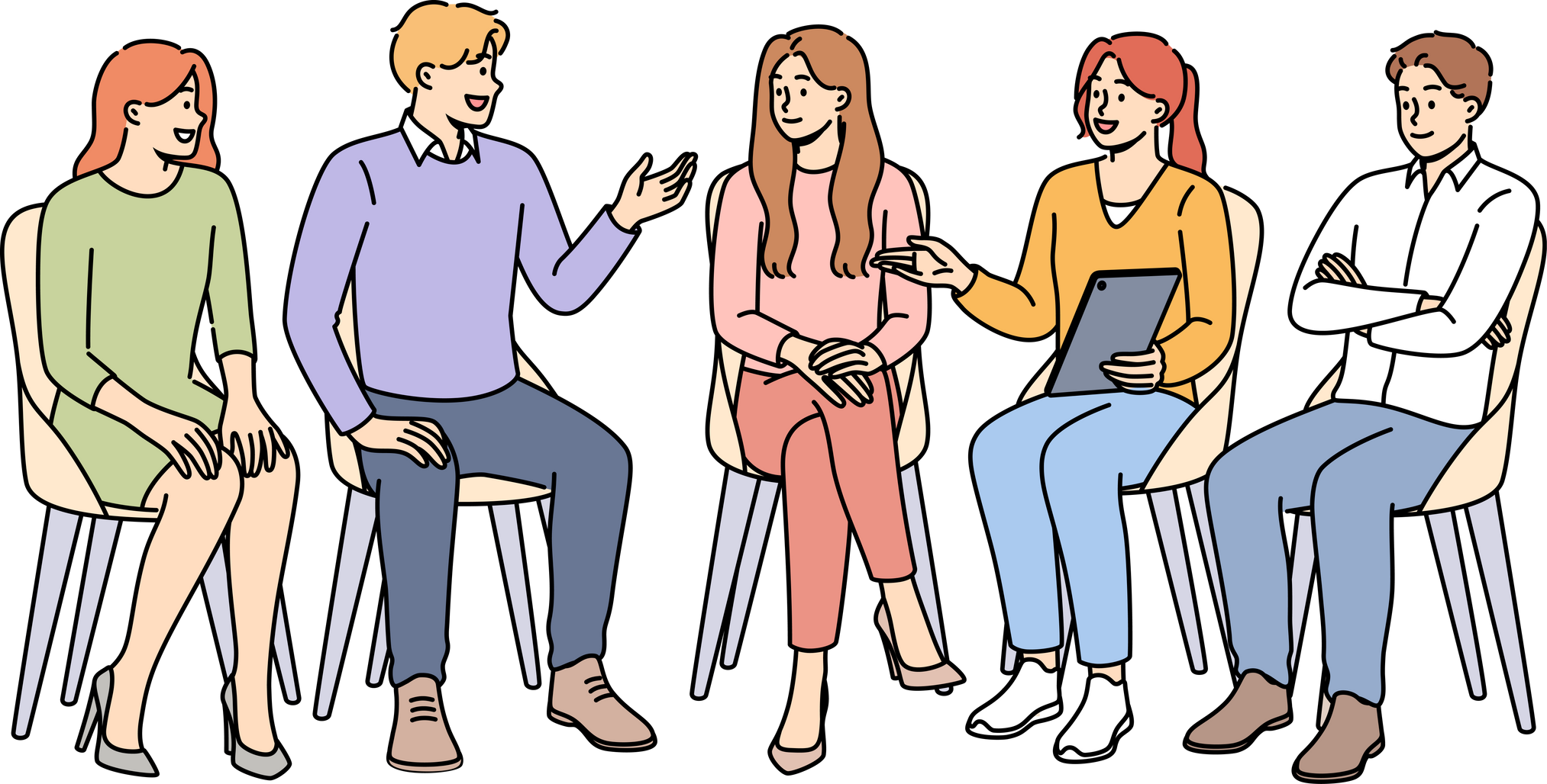 Group psychotherapy in alcoholics anonymous club discussing consequences of giving up beer and vodka. People sit on chairs arranged in semicircle during group psychotherapy session