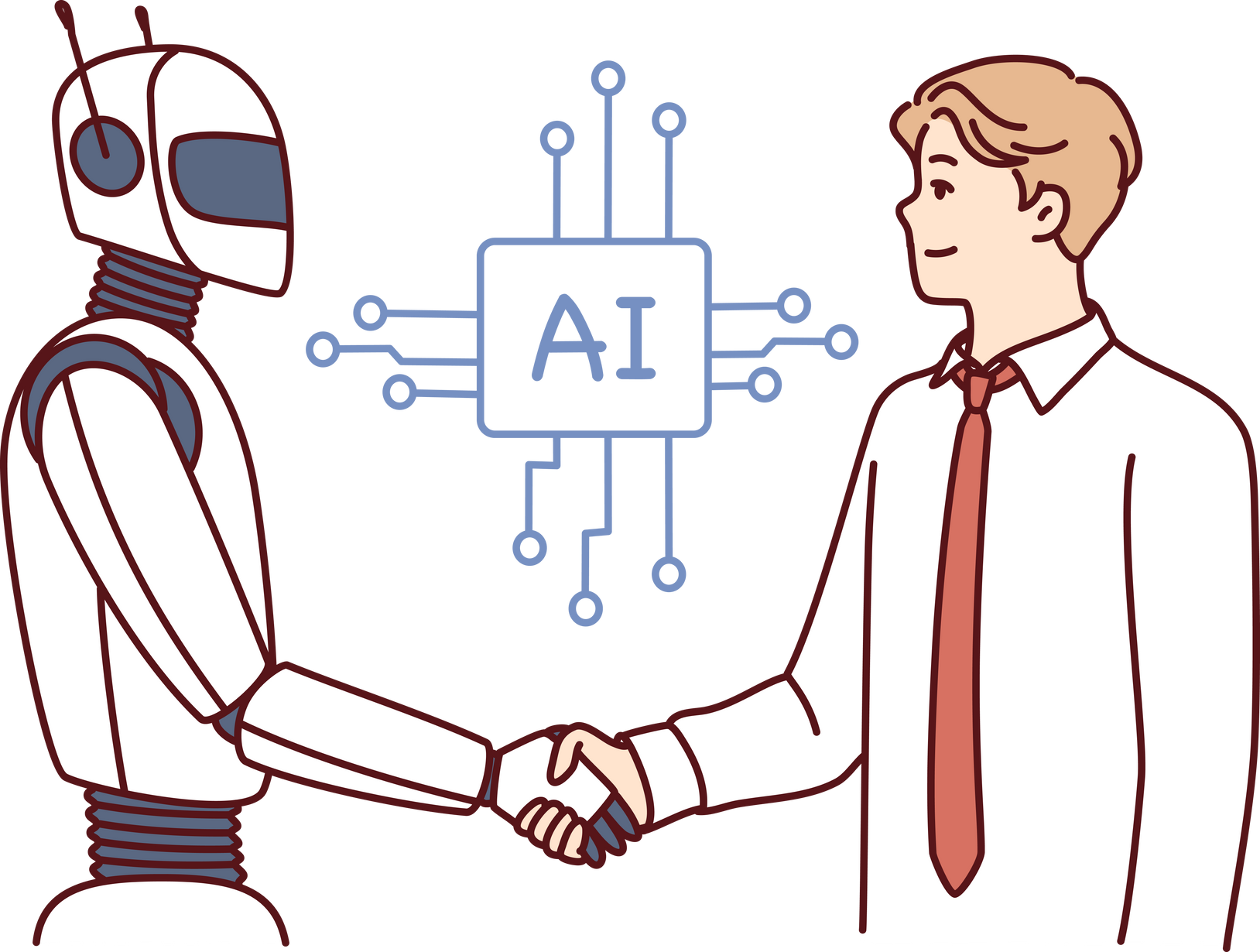 Man shakes hands with robot as sign of friendship between humans and artificial intelligence AI